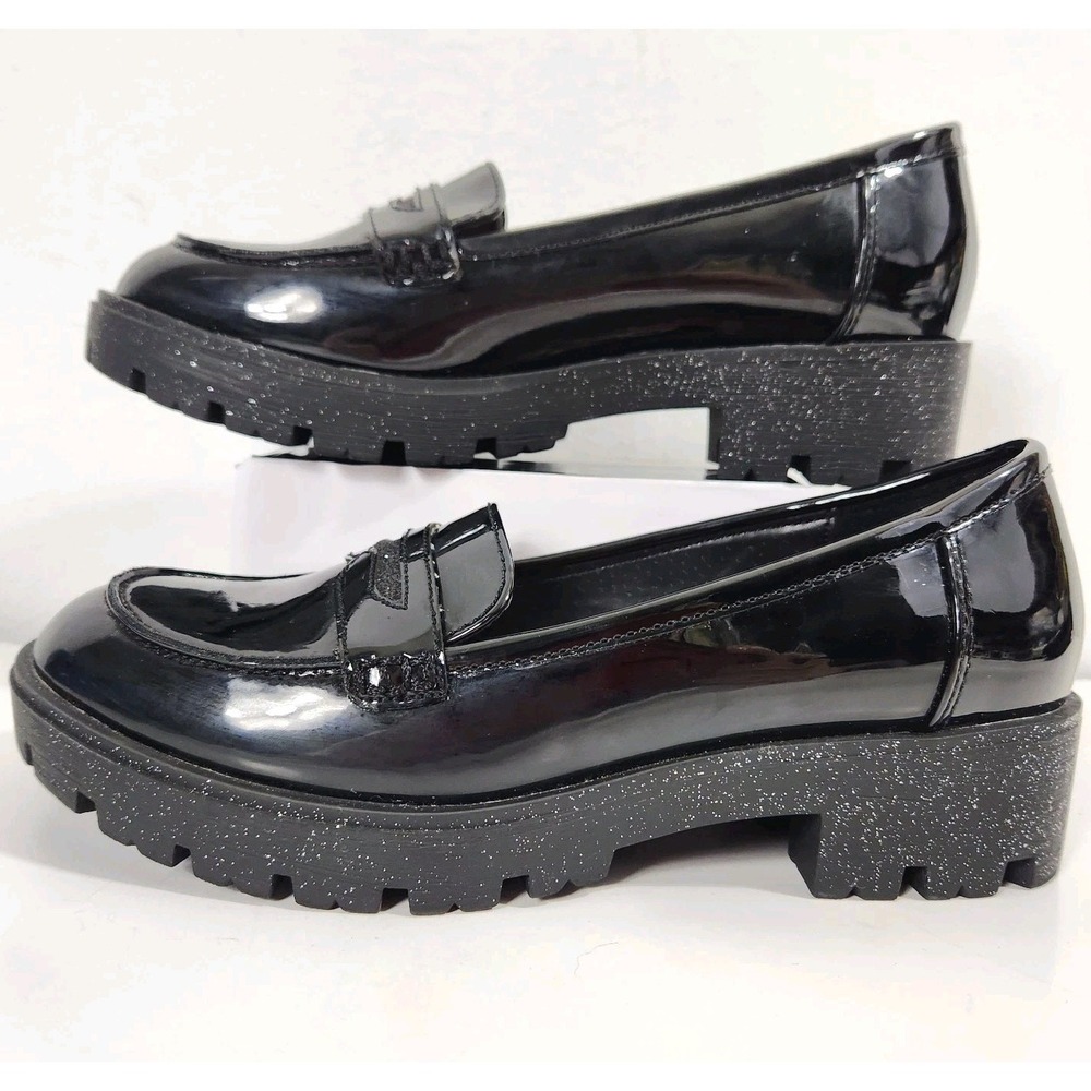 Pop Girls Black Patent Penny Loafers Glitter Lug Sole Chunky Preppy Goth  3M Y2K